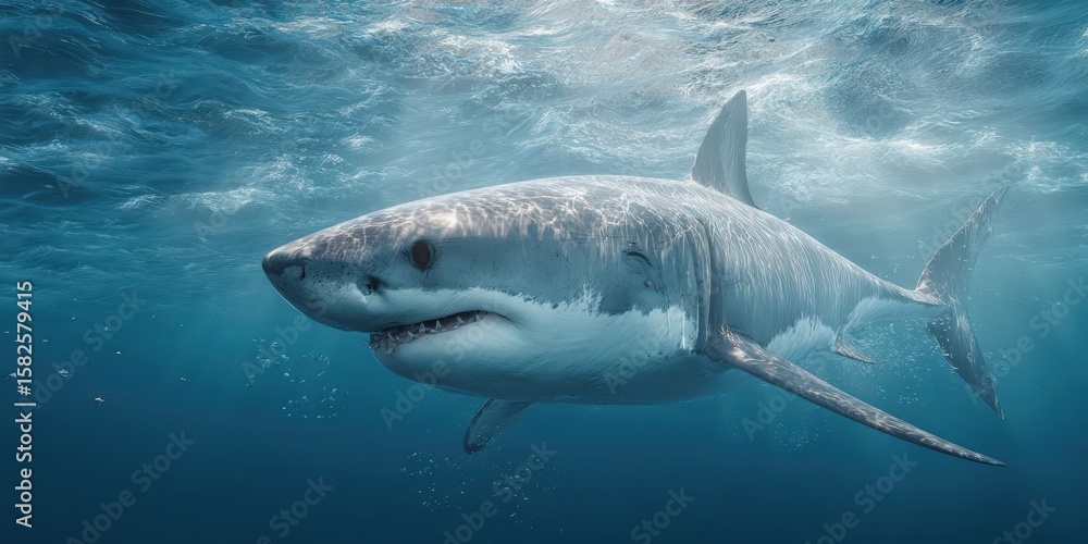 Fototapeta premium Cute Full-Body Shark Illustration in Ocean for Kids' Education and Entertainment