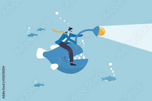 Business discovery, spotlight to guide success direction to find new opportunity, deep dive analysis or leadership challenge way, businessman riding angler fish with spotlight to search for success.