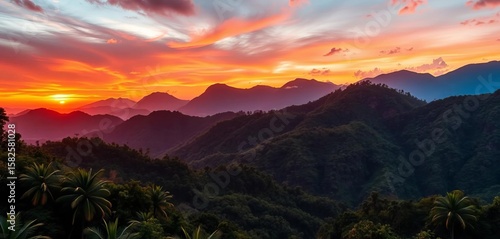 Vibrant jungle sunrise/sunset landscape with lush green mountains and trees , lush, wallpaper