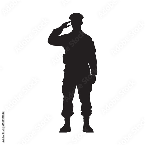 Soldier Salute vector silhouette, saluting male army soldiers white Background, black and white, military salute figure, soldiers saluting in uniform silhouette
