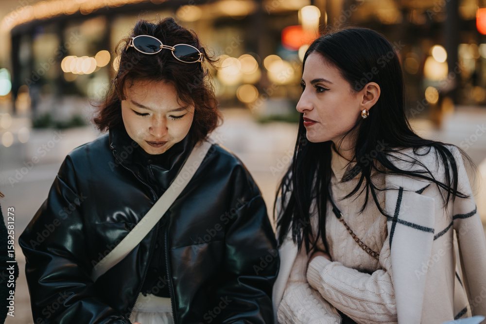 Obraz premium A candid moment of two stylish women conversing and enjoying an evening in the city with vibrant bokeh lights adding a warm ambiance.