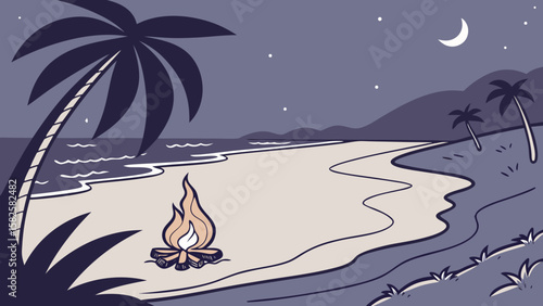 A serene night beach scene featuring a campfire, gentle waves, and palm trees under a starry sky.