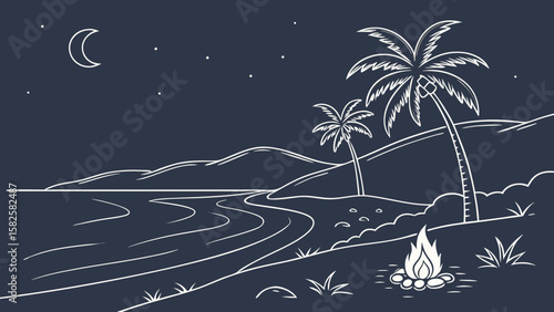 A serene beach scene at night featuring palm trees and a campfire under a crescent moon.