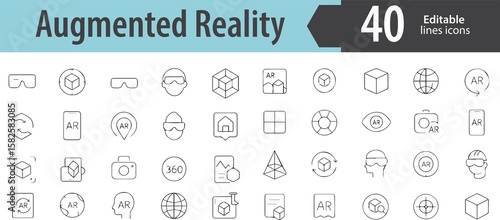 Augmented Reality Line Icons, AR Glasses, Mobile AR App, Virtual Overlay, Smart Object Scan, Real World Integration, Editable Formats: AI, EPS, PNG, Ideal for Both Digital and Print Use
