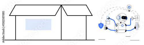 Robot performing tasks thumbs up security, energy control, and automation near a minimalist house sketch. Ideal for technology, AI, automation, smart homes, IoT innovation future trends. Simple