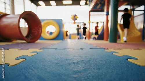 Children play at an indoor playground with colorful soft flooring