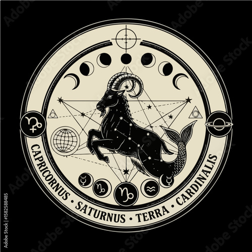 Intricate Capricorn sea-goat design with cosmic elements. Mystical zodiac vector art for ambition.