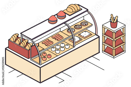 Isometric view of a bakery display case filled with pastries and bread and a shelf with red towels