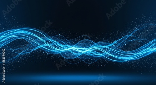 Abstract Blue Data Waves Flowing Over Dark Background