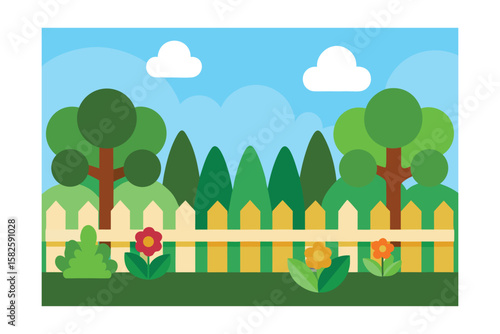 Lush Cartoon Garden Bordered By A Patterned Fence