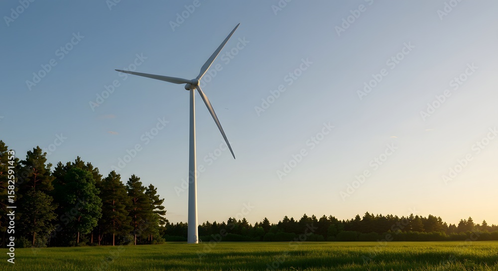 Fototapeta premium Wind turbine stands in a field near trees under a clear blue sky, generating renewable energy.