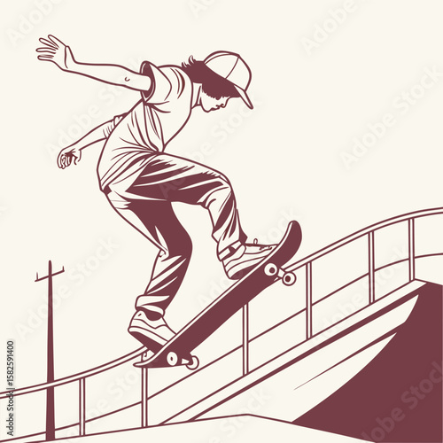 Clean vector silhouette of a skateboarder mid-jump minimal shading urban screen printing style, centered t-shirt layout