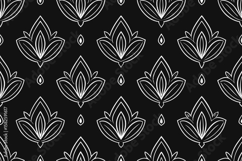 Elegant black and white floral pattern with stylized lotus flowers and teardrop shapes repeating seamlessly