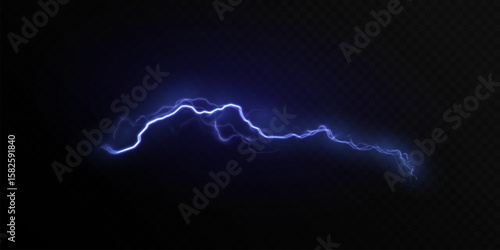 Realistic vector electric lightning discharge with blue glow on dark background. Dynamic light effect for fantasy scenes, sci-fi effects, UI design, visual effects, games.