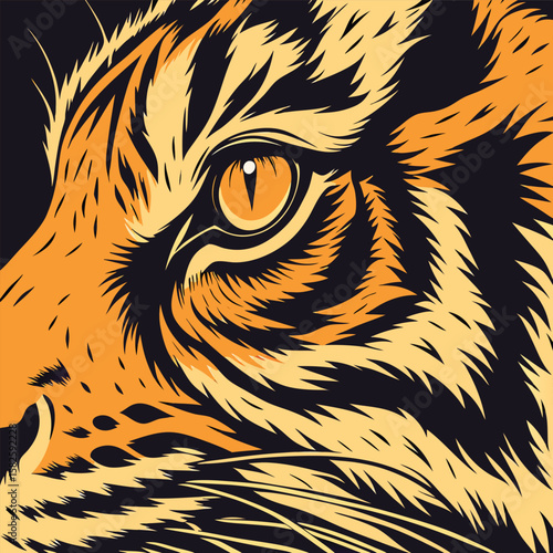 Close-up of a tiger’s eye with detailed fur textures bright orange and black tones high contrast perfect for black shirts