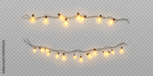 Vector garland with warm bulbs and soft glow on a transparent background. Designed to decorate holidays, weddings, Christmas and New Year interiors, as well as evening scenes.