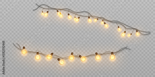 Vector garland with warm bulbs and soft glow on a transparent background. Designed to decorate holidays, weddings, Christmas and New Year interiors, as well as evening scenes.