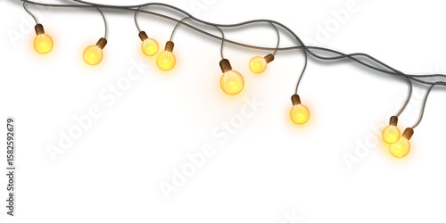 Vector garland with warm bulbs and soft glow on a white background png. Designed to decorate holidays, weddings, Christmas and New Year interiors, as well as evening scenes.