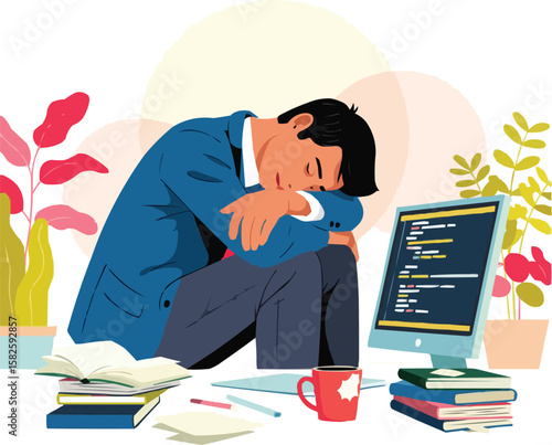 Man in suit sleeping on desk overwhelmed by work and stress