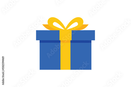 Gift Box With Bow Blue Wrapping And Yellow Ribbon