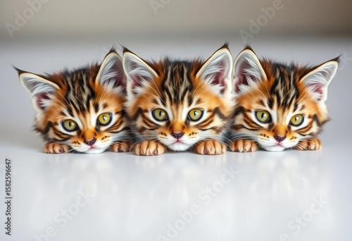 Wallpaper Mural Three fluffy tabby kittens with vibrant yellow eyes peek playfully over a pristine white surface,  studio shot,  sweet Torontodigital.ca