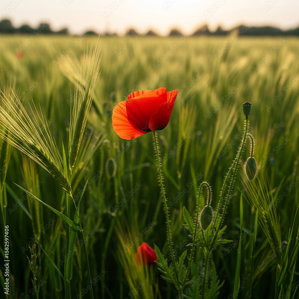 Obraz premium Striking wide-angle, side-lit shot of a single bright red poppy standing tall in swaying green grass under golden late afternoon sunlight.