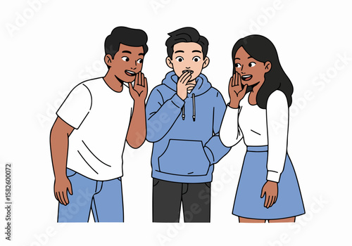 Young people share a secret or gossip, one reacts with surprise while another whispers, an illustration of communication and unexpected news among friends.
