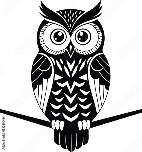 A stately owl, depicted in a striking black and white vector illustration, perches calmly on a branch.