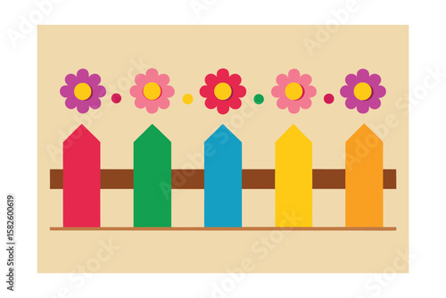 Decorative Cartoon Fence With Colorful Floral Garland