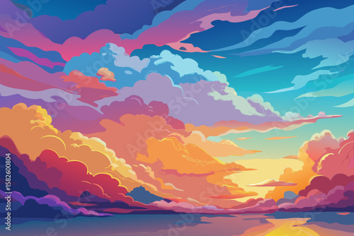 Vibrant sunset over water with colorful clouds in an abstract and painterly style illustration art