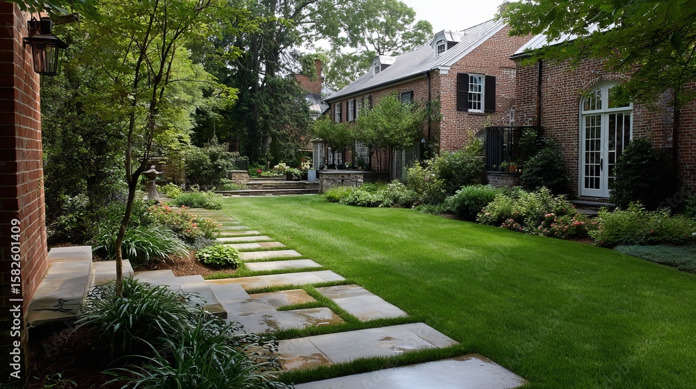 Naklejka premium A serene garden pathway leads through vibrant greenery, showcasing a beautifully manicured lawn and exquisite landscaping.