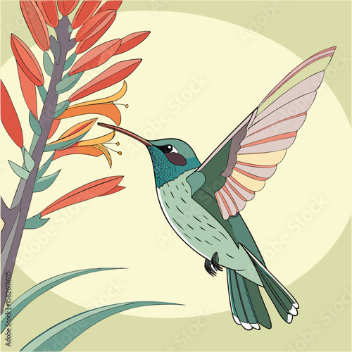 Hyper-realistic hummingbird hovering beside a flower bright background blur (bokeh) centered layout vivid detail