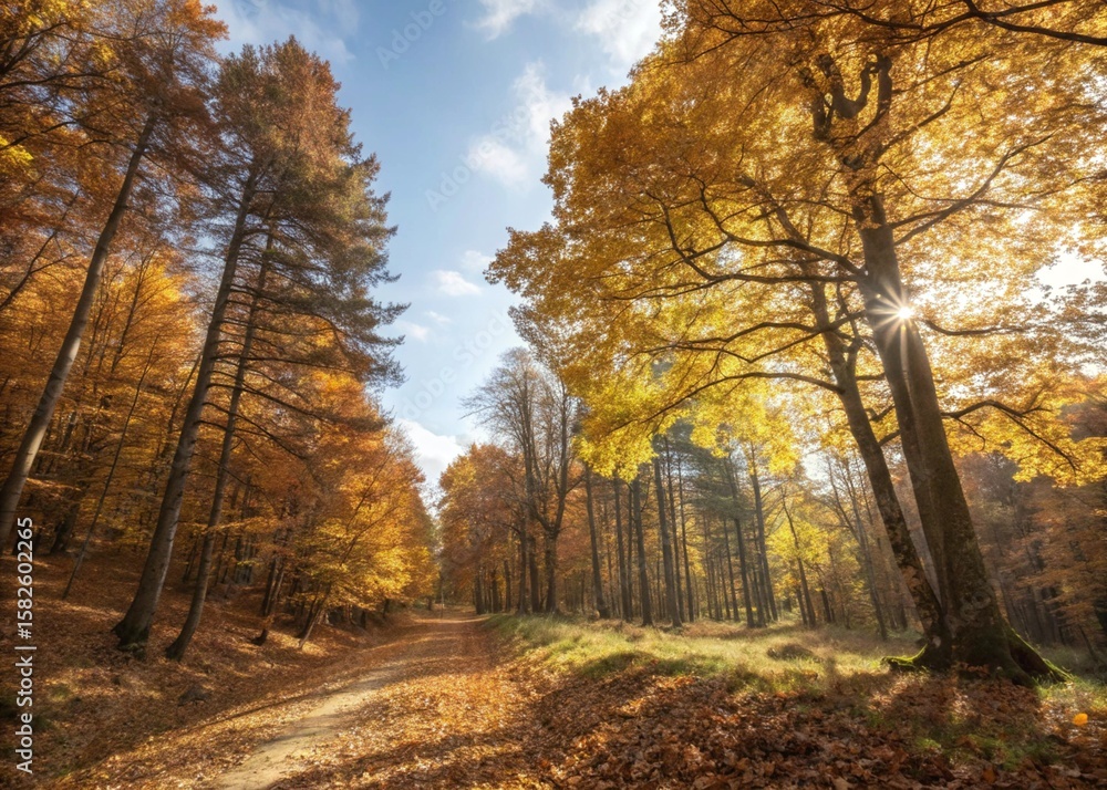 Fototapeta premium Golden Autumn Forest Path Illuminated by Soft Sunlight