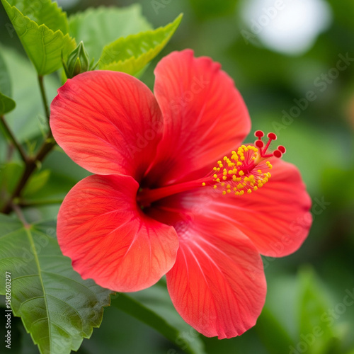 A close-up view of a vivid red hibiscus (bunga sepatu) flower, with lush green leaves providing a natural backdrop, highlighting its intricate beauty.