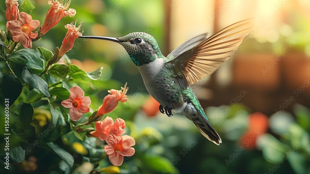 Naklejka premium Hummingbird hovering among vibrant flowers in a lush garden