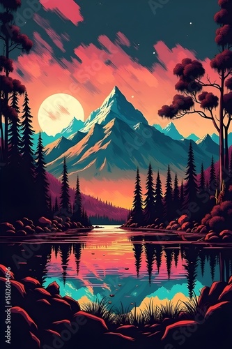 A vibrant painting depicting a mountain landscape with a serene lake in the foreground.