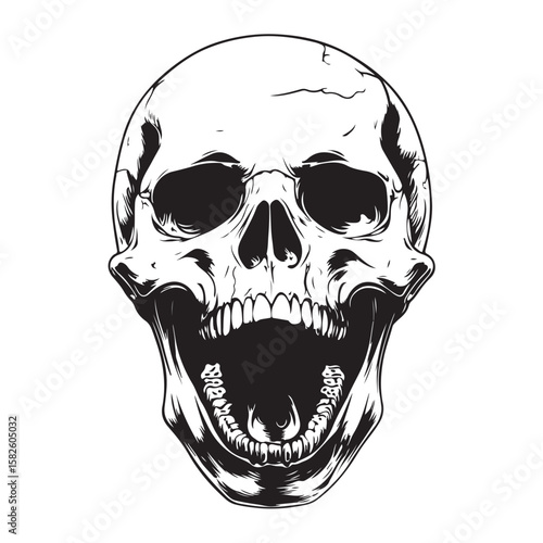 Terrifying screaming skull vector silhouette, Skull Tattoo Vector Art Illustration, Human skull vector illustration, Detailed vintage art silhouette of a human skull 