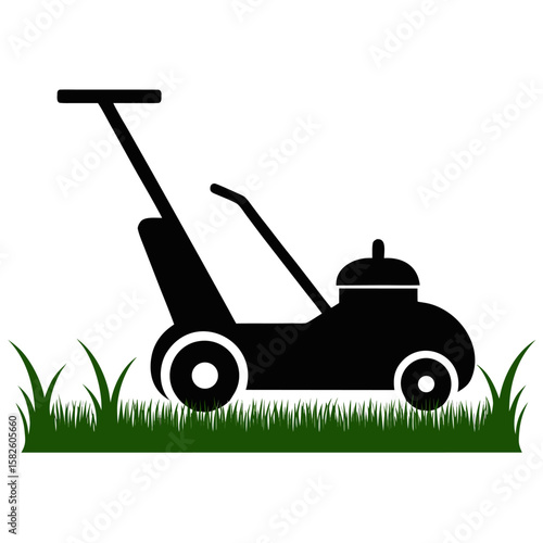 Simple Lawn Mower Icon with Grass Blades in Black and Green on a White Background