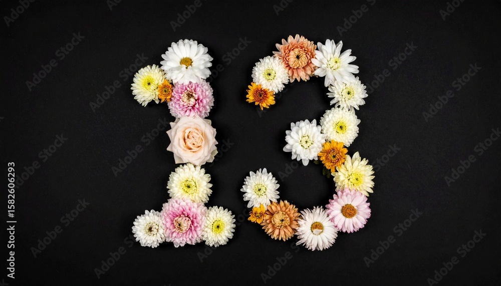 Number 13 made out of flowers with black background. Photo for 13th birthday or anniversary party Number 13 made out of flowers with black background. Photo for 13th birthday or anniversary party