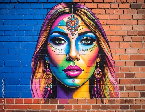Colorful mural of a woman's face on a brick wall