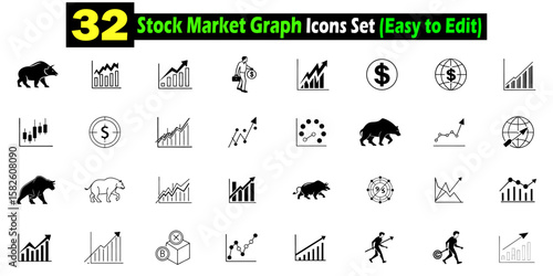 Collection of thirty two illustrated stock market icons depicting trends in financial markets for business presentations.
