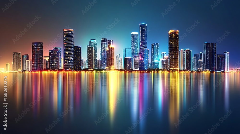 Fototapeta premium Colorful city skyline reflected in water at night