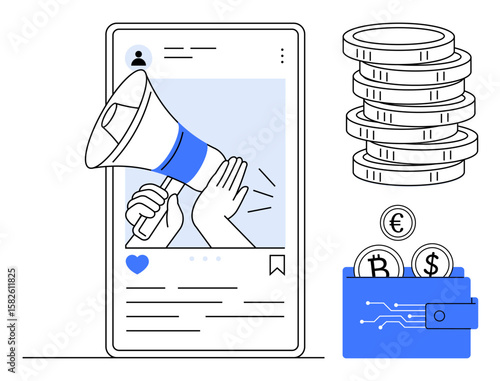 Megaphone on smartphone screen for marketing, coin stacks, digital wallet with currency icons. Ideal for advertising, branding, e-commerce, fintech, social outreach business investments. Clean flat