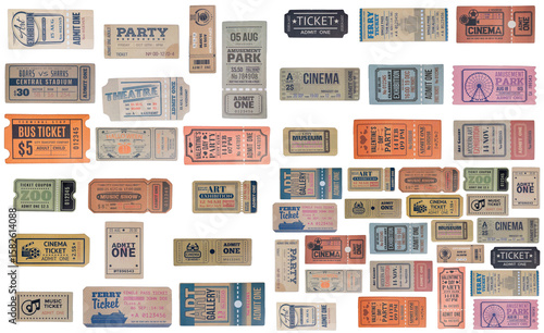 a collection of old vintage ticket isolated on white background