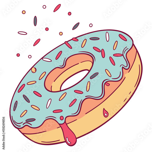 Illustration of a frosted donut with sprinkles and dripping glaze on a white background design art