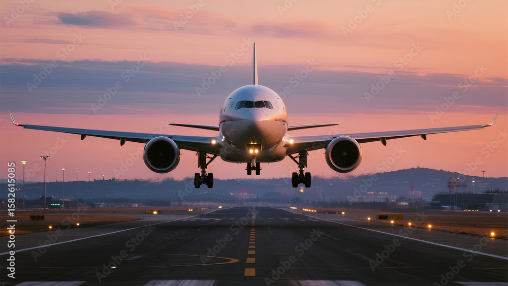 airplane landing at sunset airplane landing at sunset