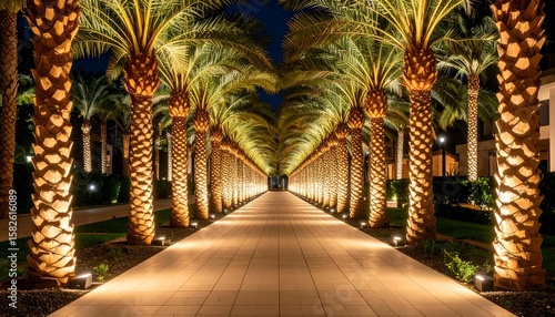Palm tree-lined walkway at night