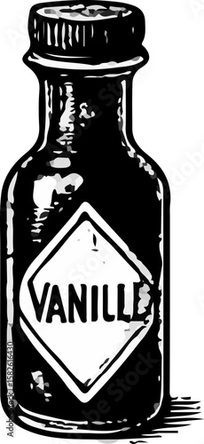 A small bottle labeled "Vanille" (Vanilla), intricately detailed in a black and white woodcut style, perfect for baking extracts
