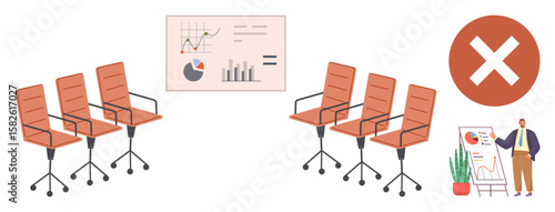 Empty office chairs, a bar graph presentation, and a red cancel sign represent rejected in-person meetings. Ideal for remote work, time management, technology, communication, workplace trends