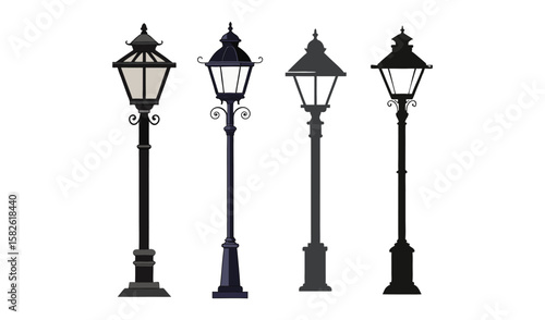 Collection of four classic black victorian style street lamps on white background